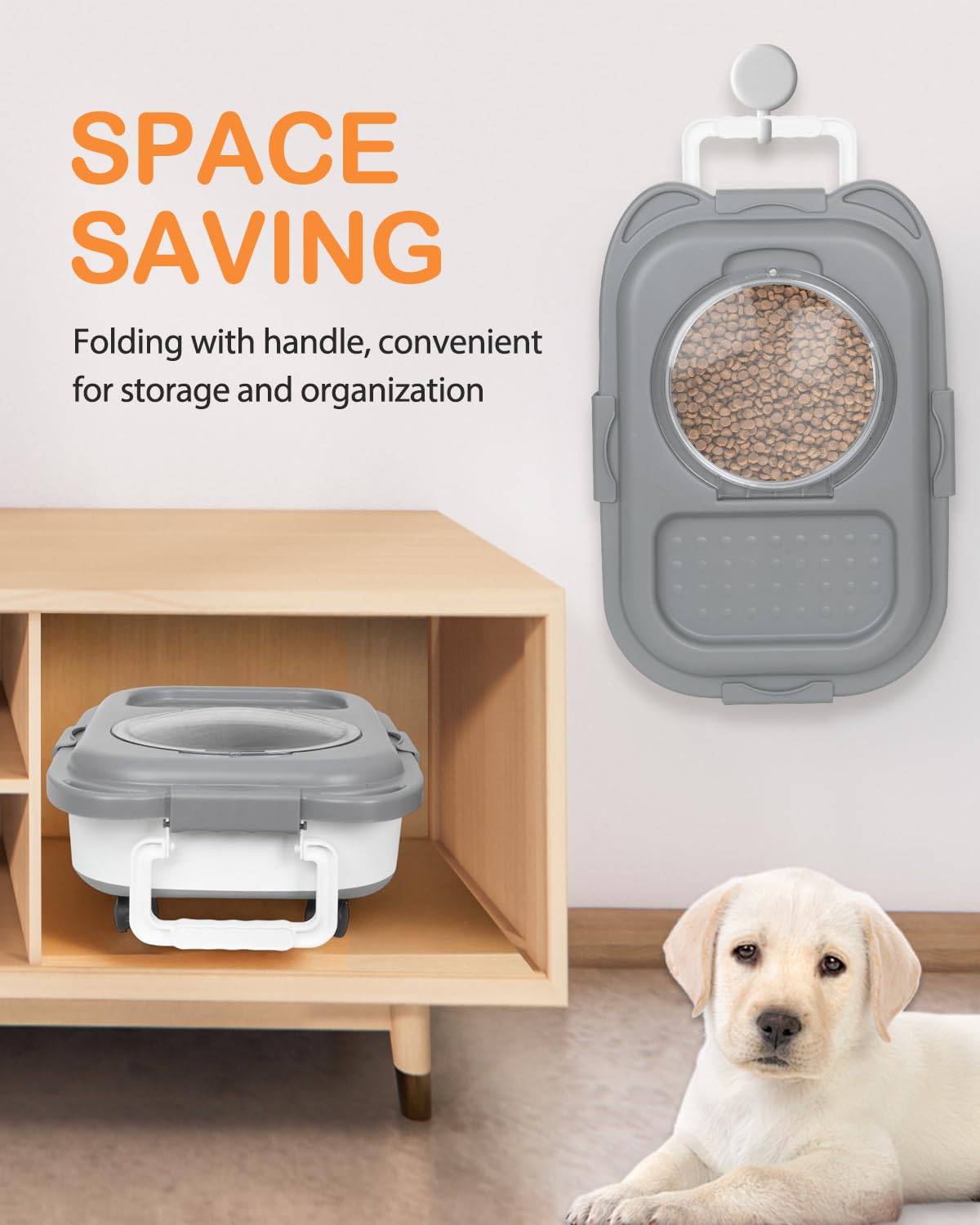 DDMOMMY foldable pet food container fits compact spaces and cabinets.