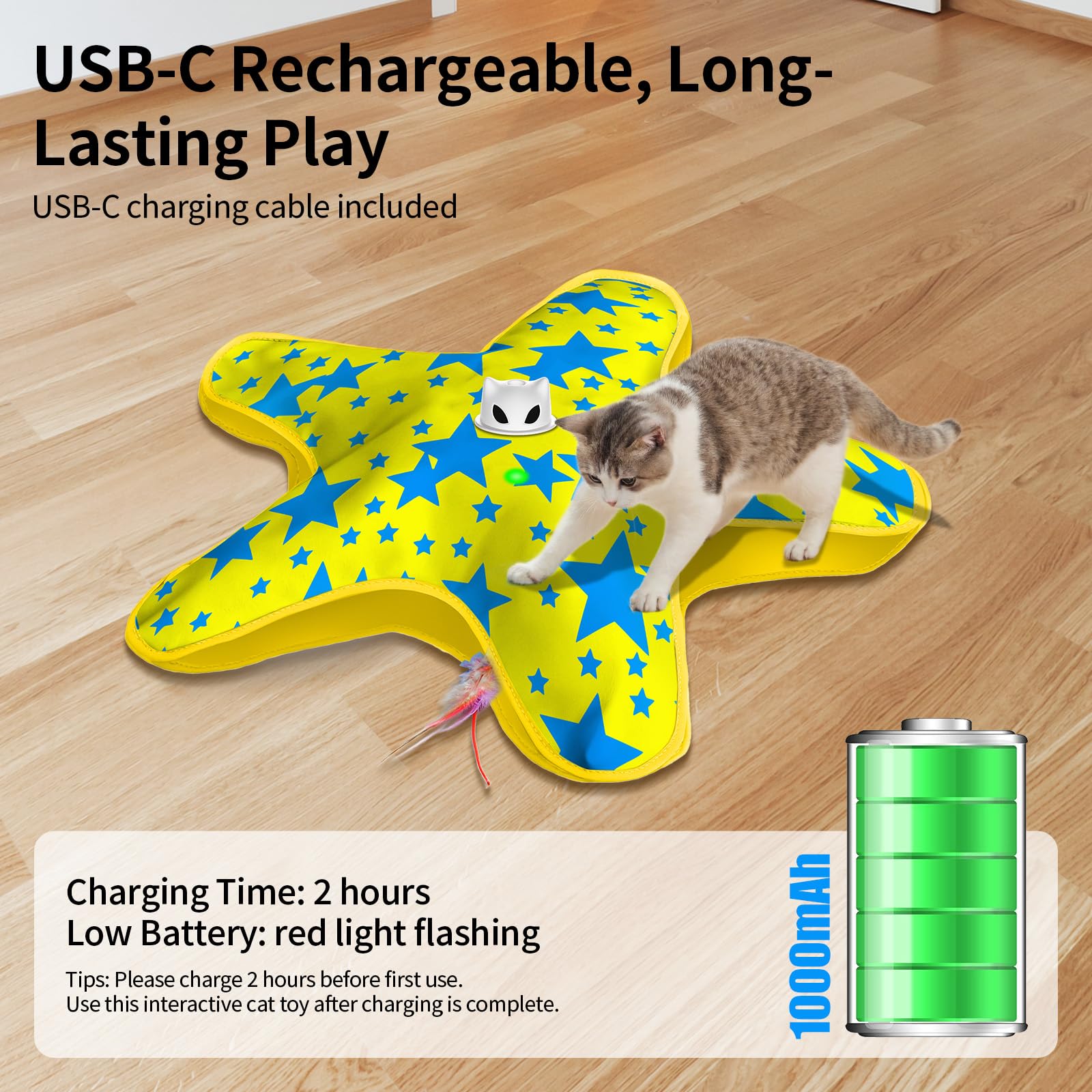 ddxcoo USB-C rechargeable toy with 1000mAh battery and 2-3 hour charging.