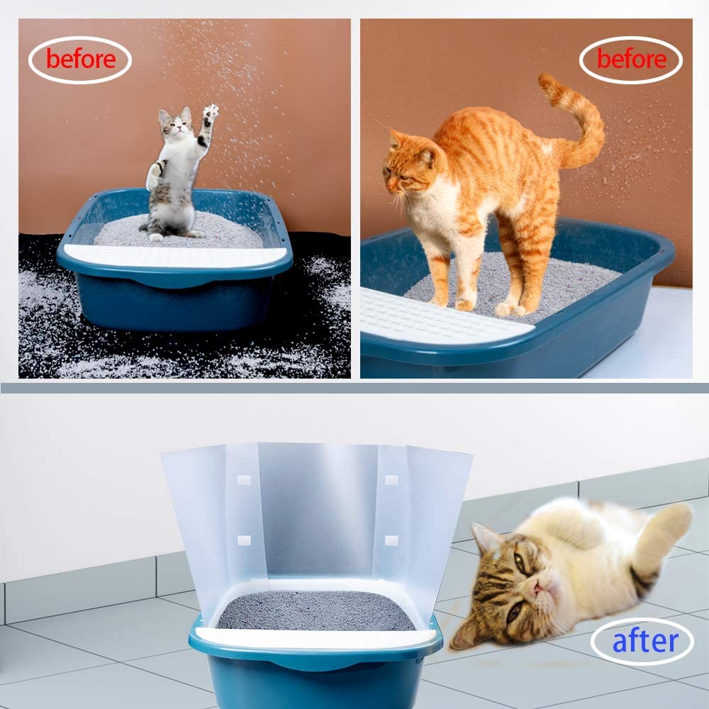 Deapher cat litter guard side view shows a tall shield containing mess.