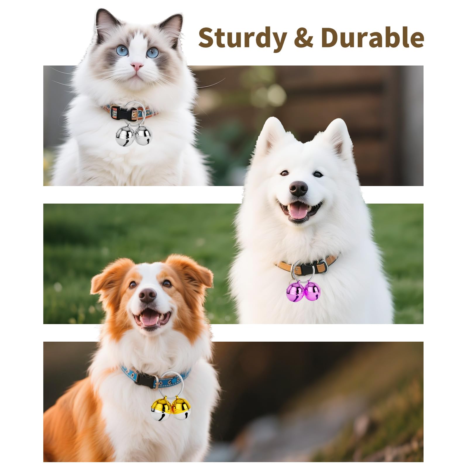DearKeeps pet bells on dogs and cats illustrate indoor and outdoor use for tracking.