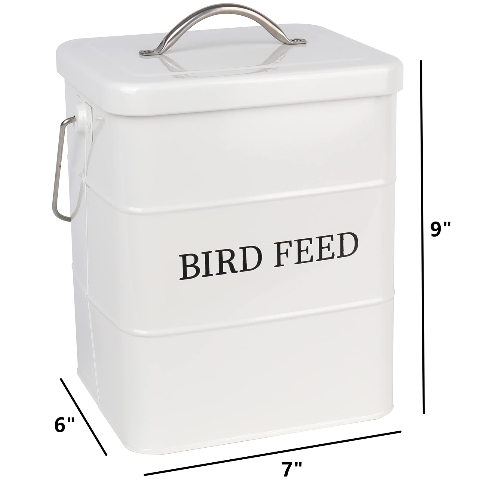DEAYOU bird seed storage tin with white enamel finish on shelf