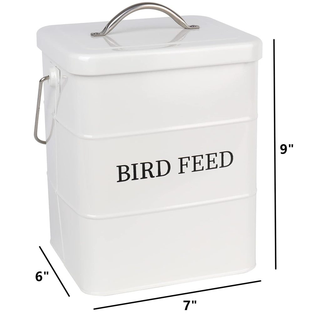 DEAYOU bird seed storage tin with white enamel finish on shelf