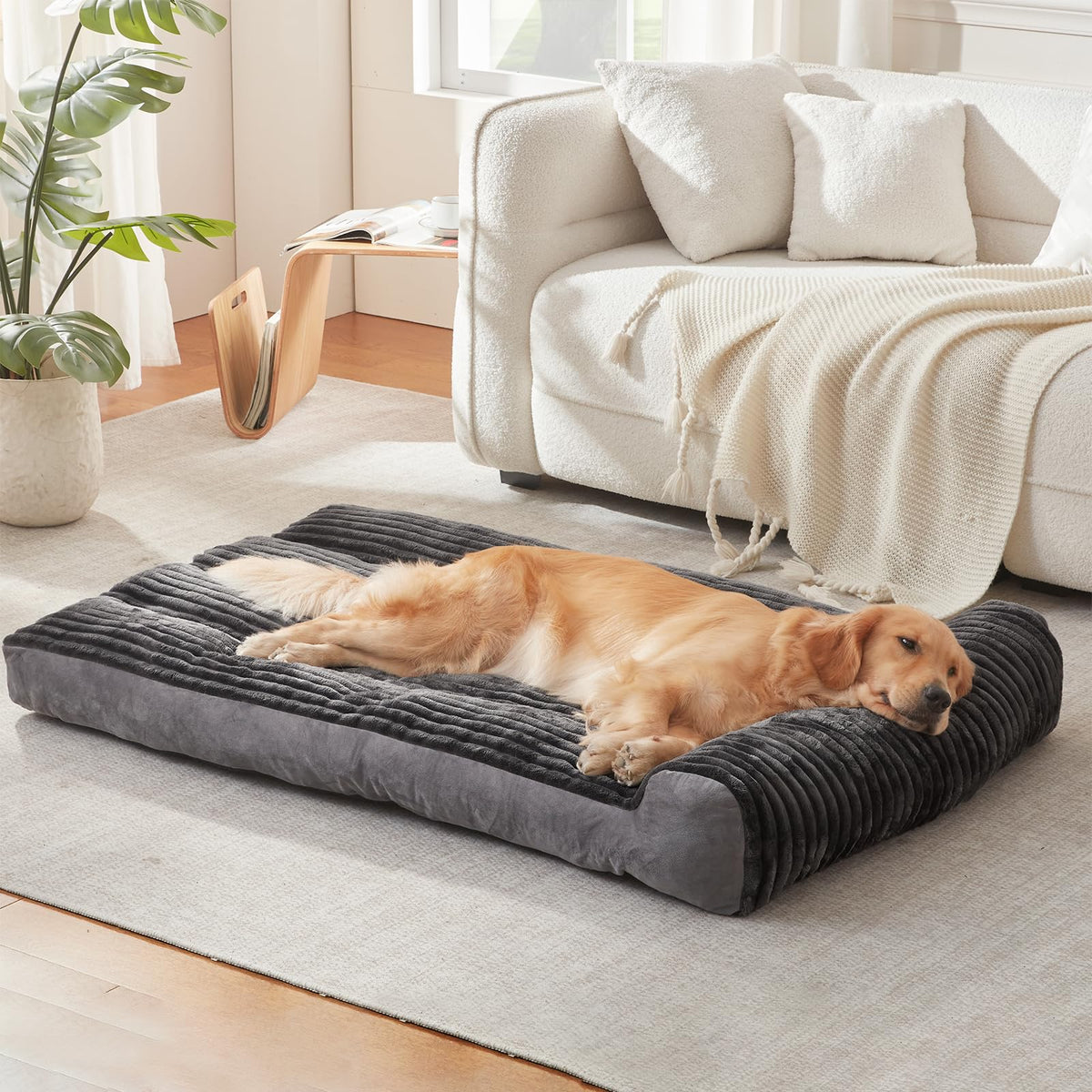 DEBANG HOME dog bed with pillow rest supports comfortable neck and head.