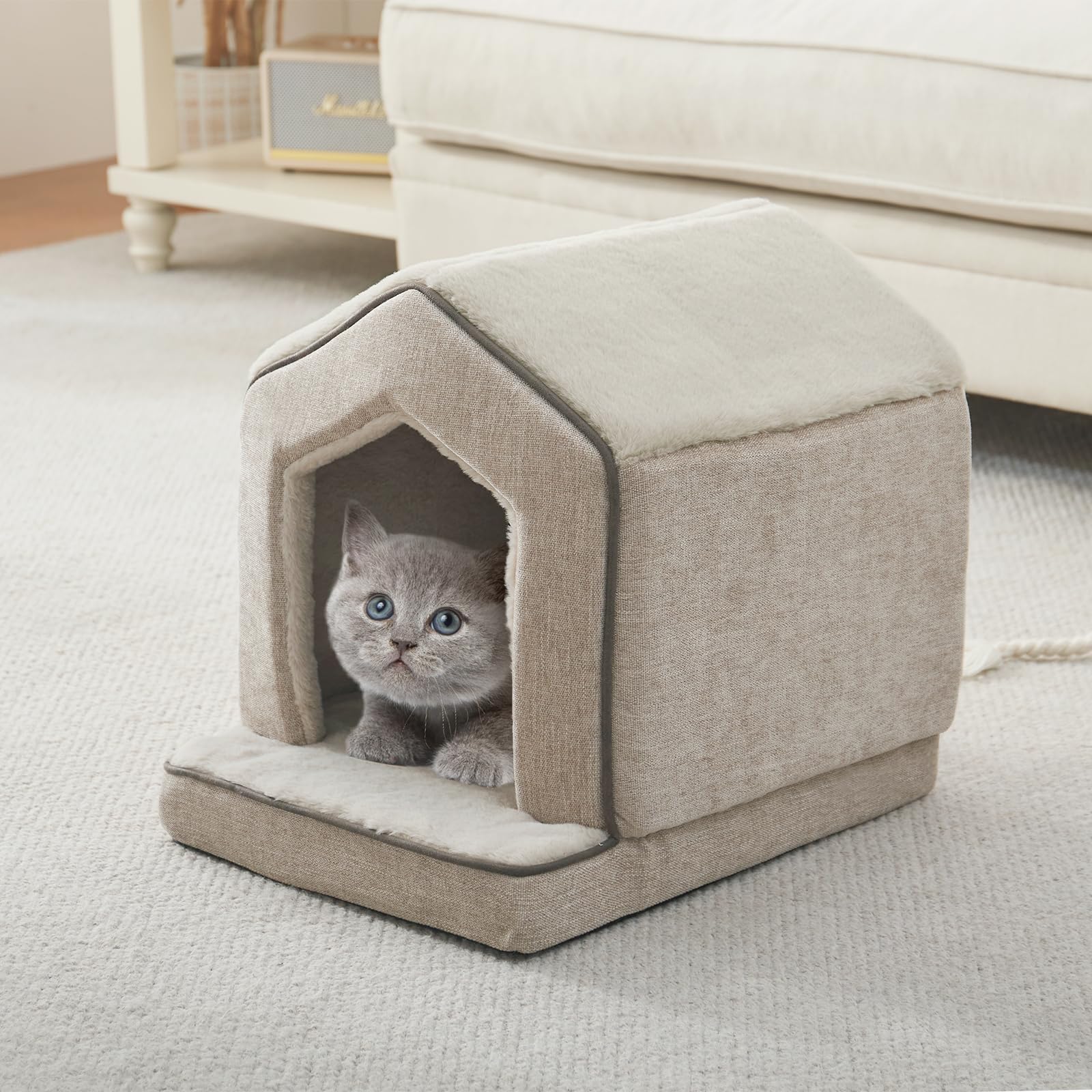 DEBANG HOME orthopedic cat house vacuum packed image demonstrates convenient unboxing and setup tips