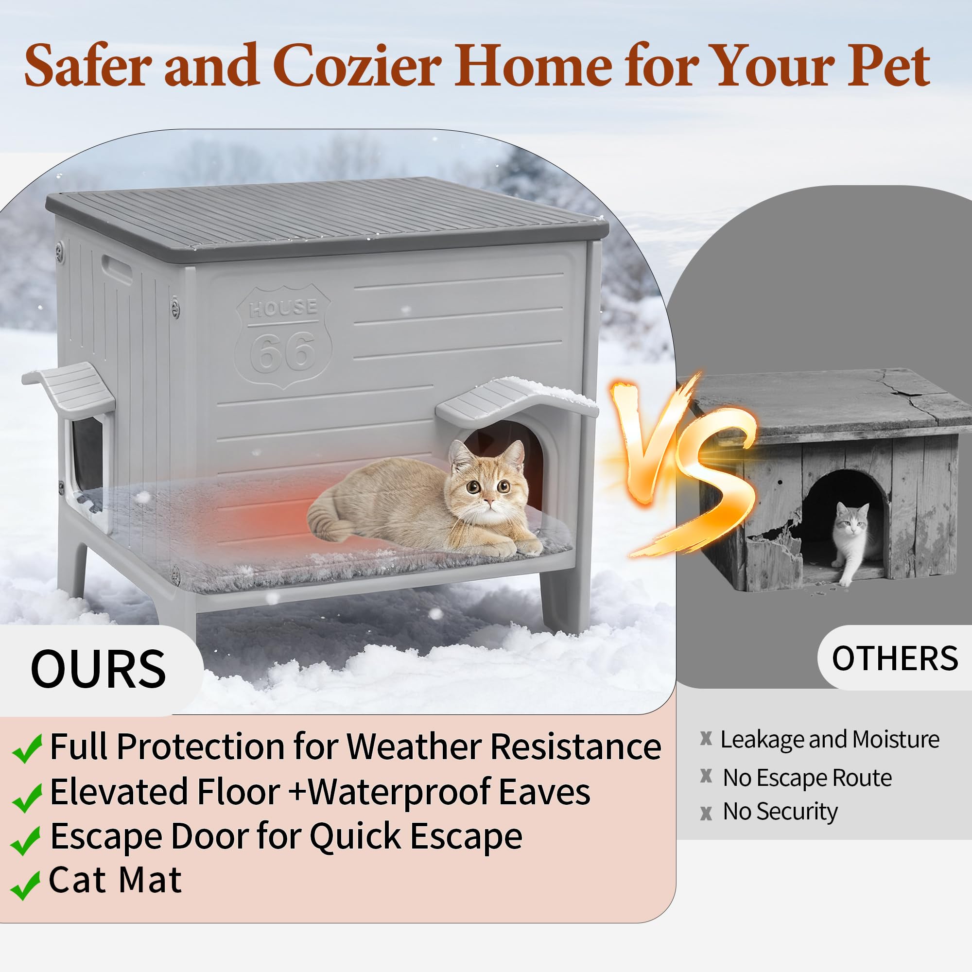 Deblue cat house outdoor grey escape-door feature enables quick egress for anxious cats