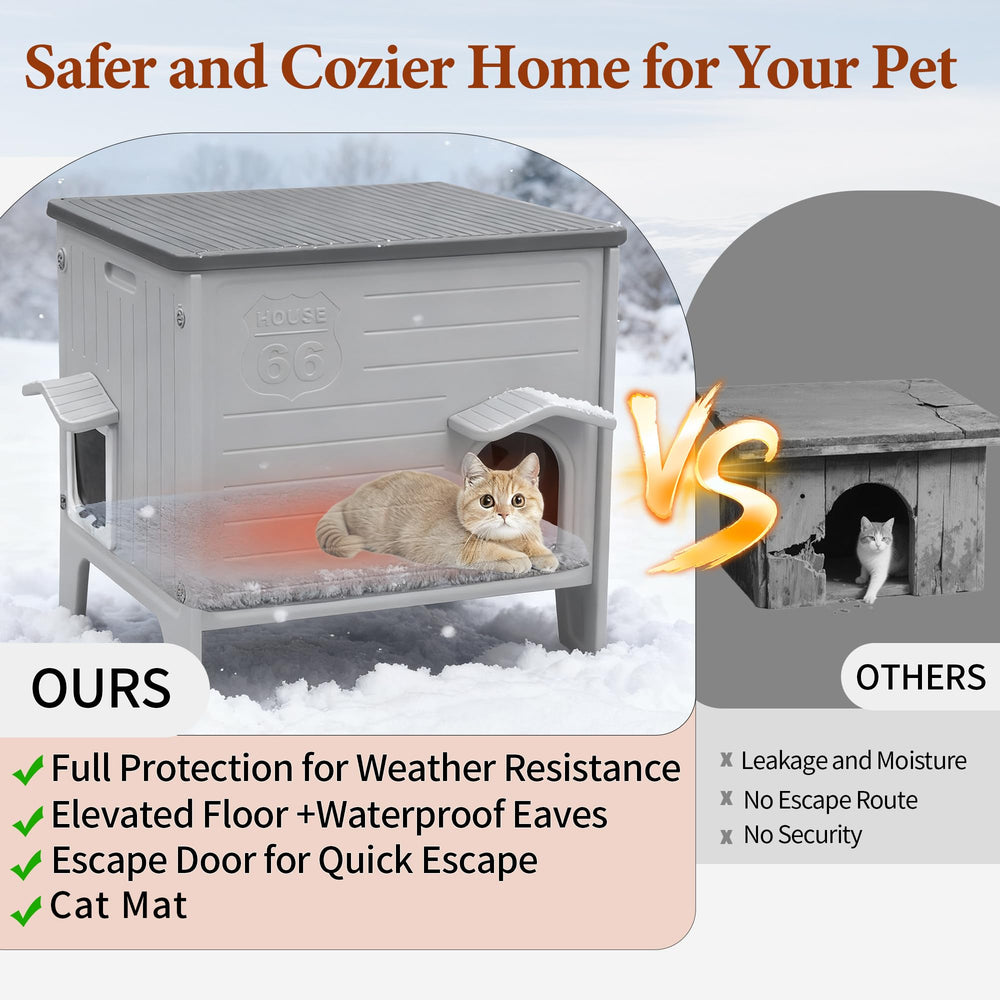 Deblue cat house outdoor grey escape-door feature enables quick egress for anxious cats
