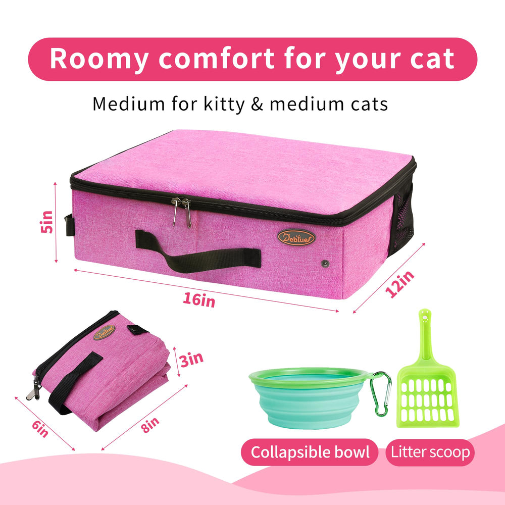 Deblue unfolded litter box showing 16 by 12 by 5 inches interior.