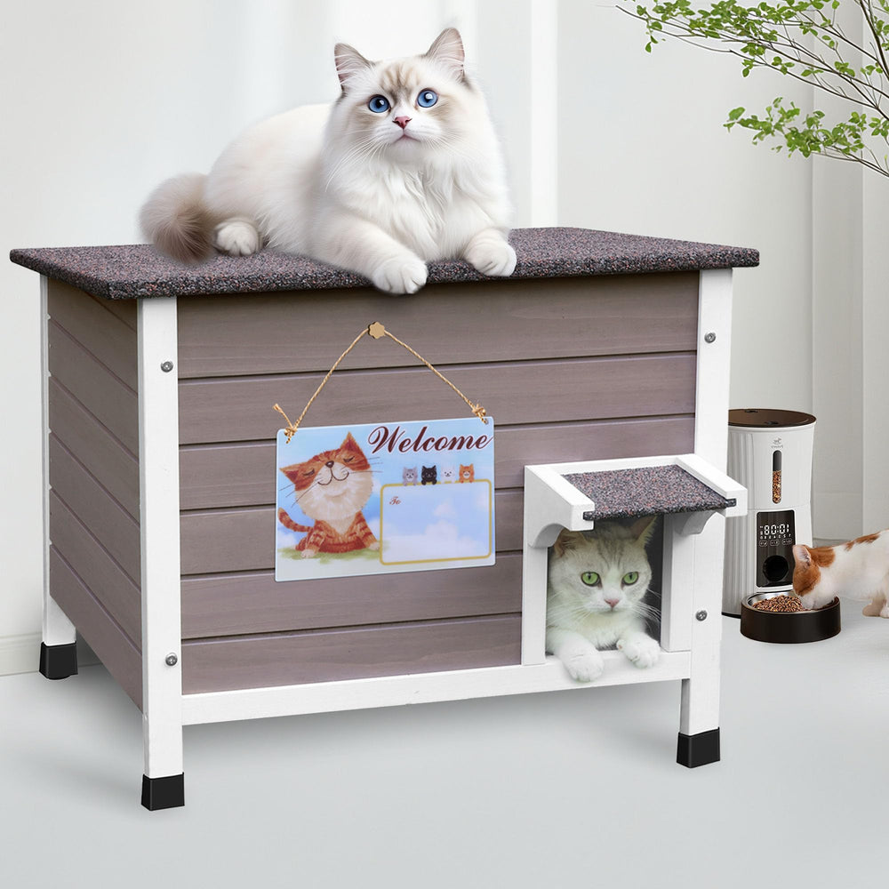 Deblue grey cat house blends with outdoor spaces and stays durable.