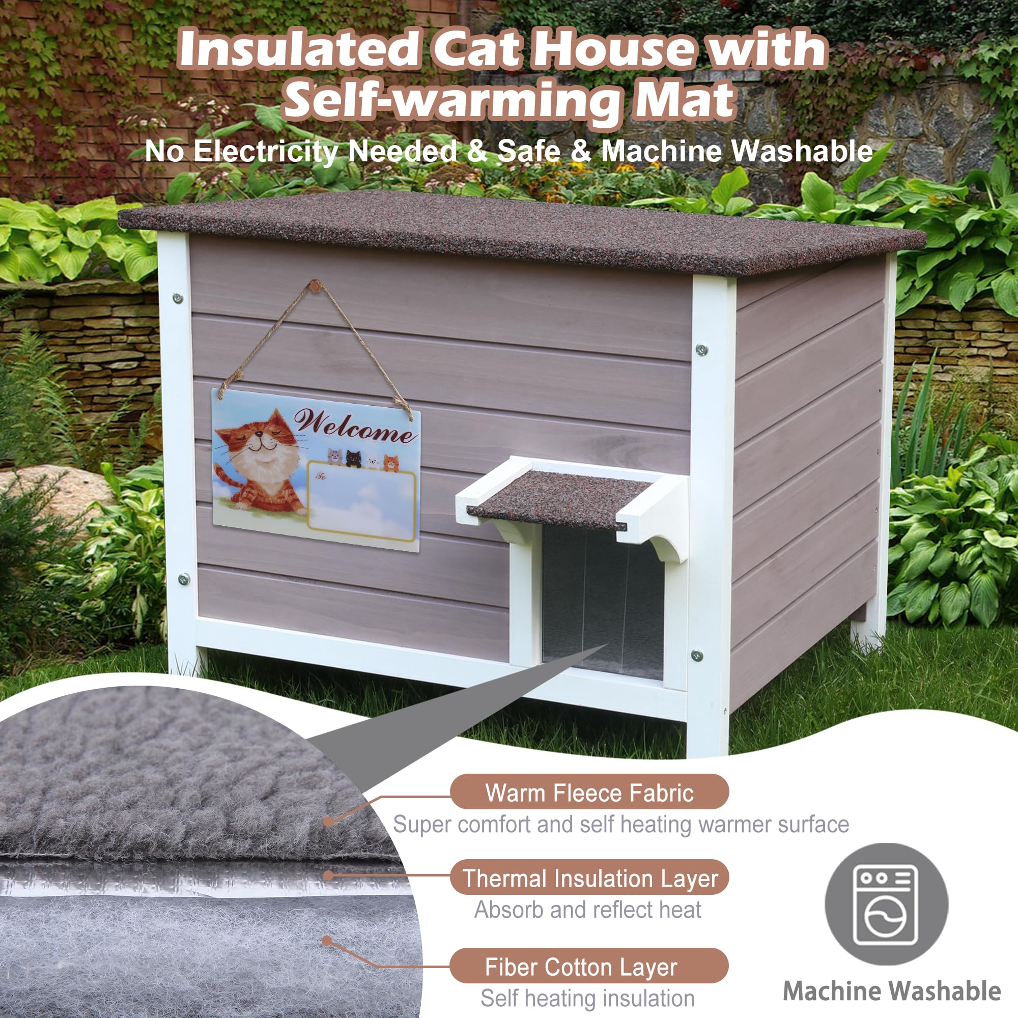 Deblue Ourdoor cat house foam insulation surrounds six sides for warmth.