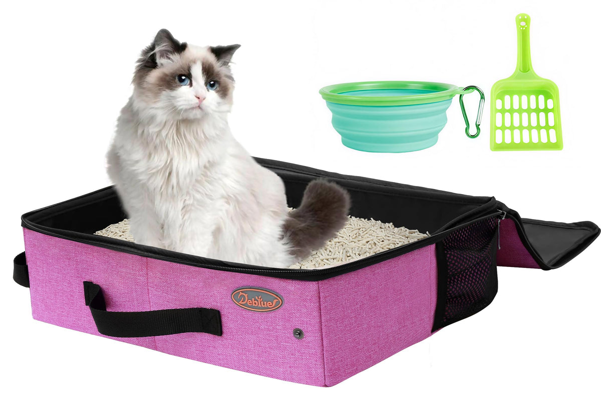 Deblue portable traveling cat litter box with lid in pink, keeps litter tidy.