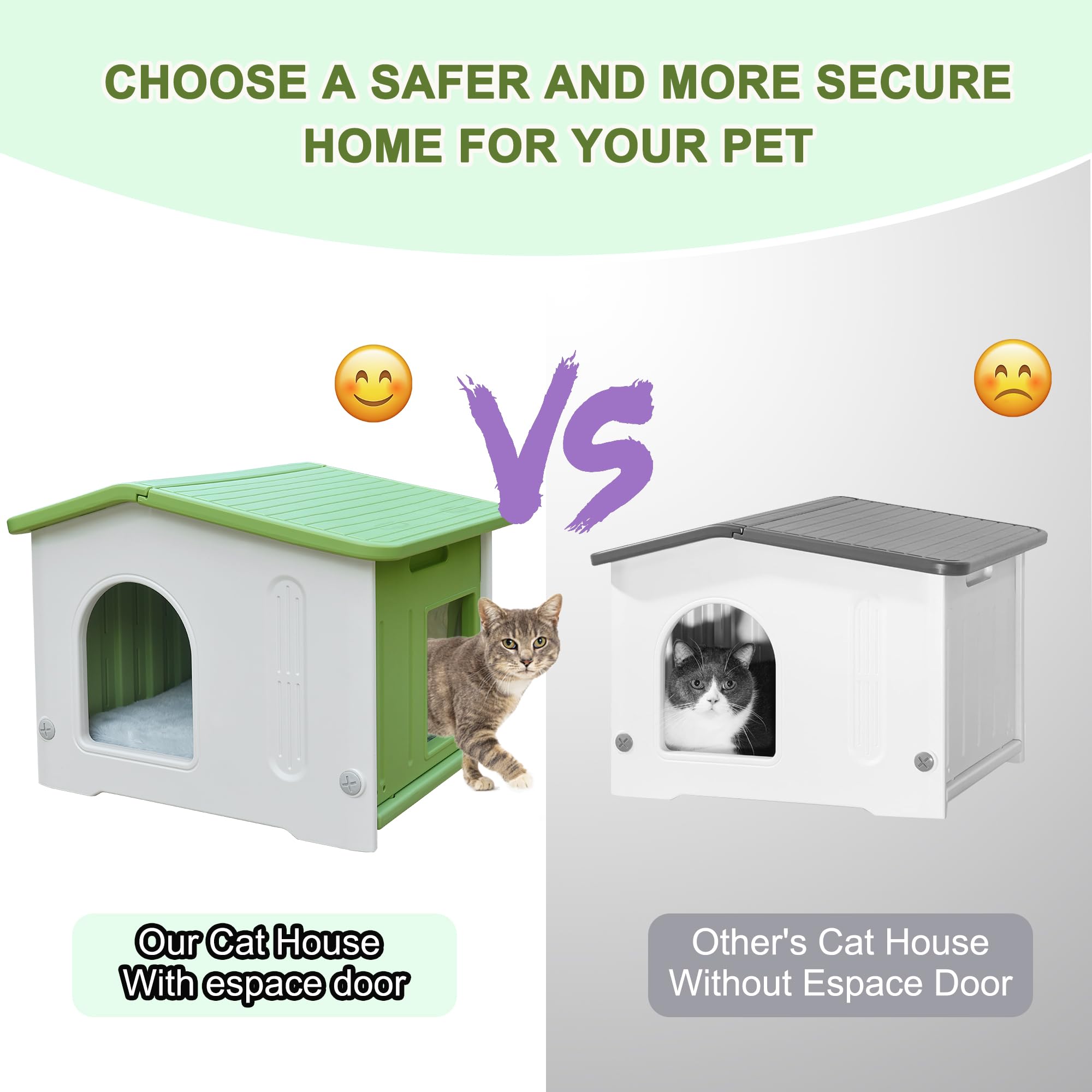 Deblue weatherproof cat house escape door enables fast retreat in emergencies
