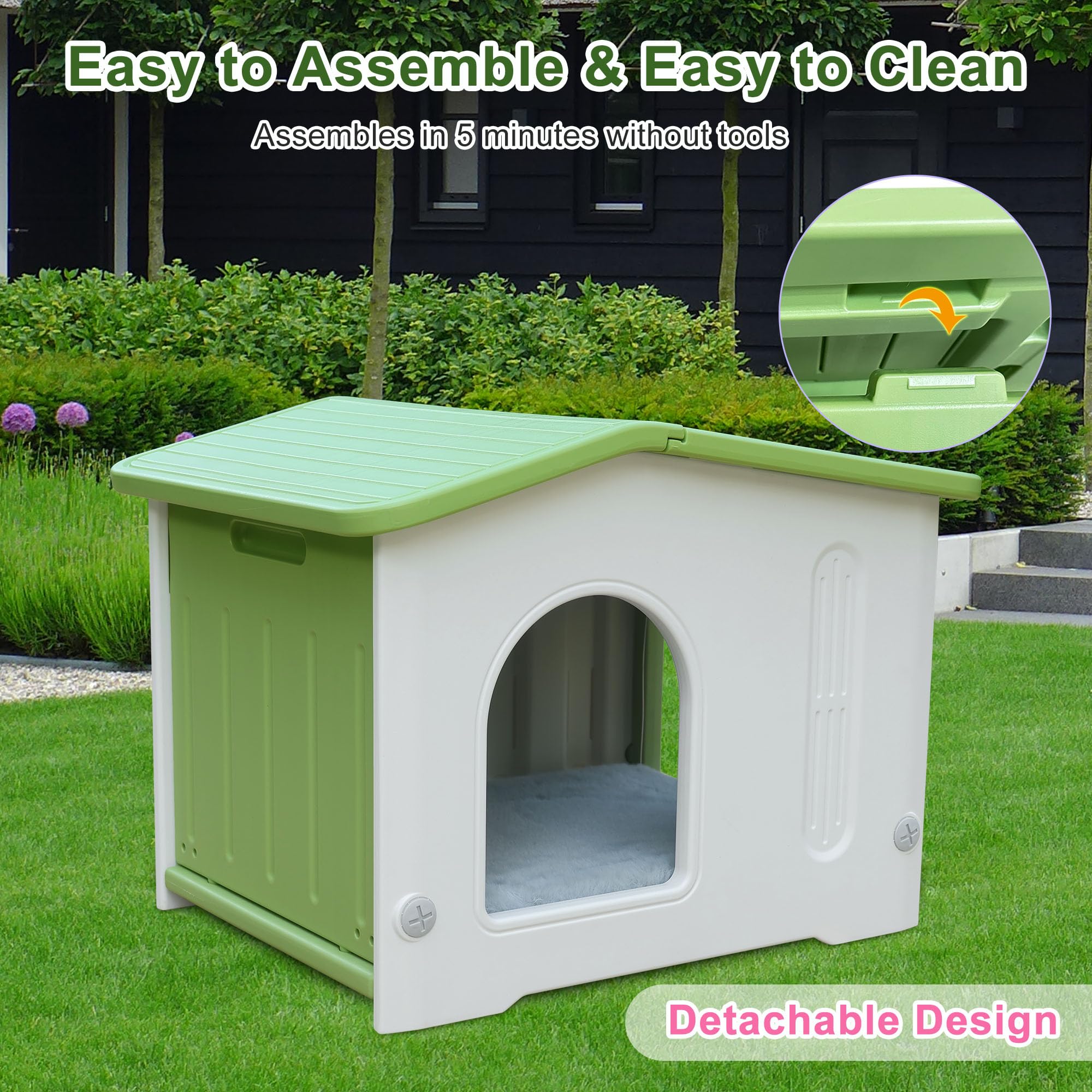Deblue weatherproof cat house plush mat inside adds warm, cozy comfort