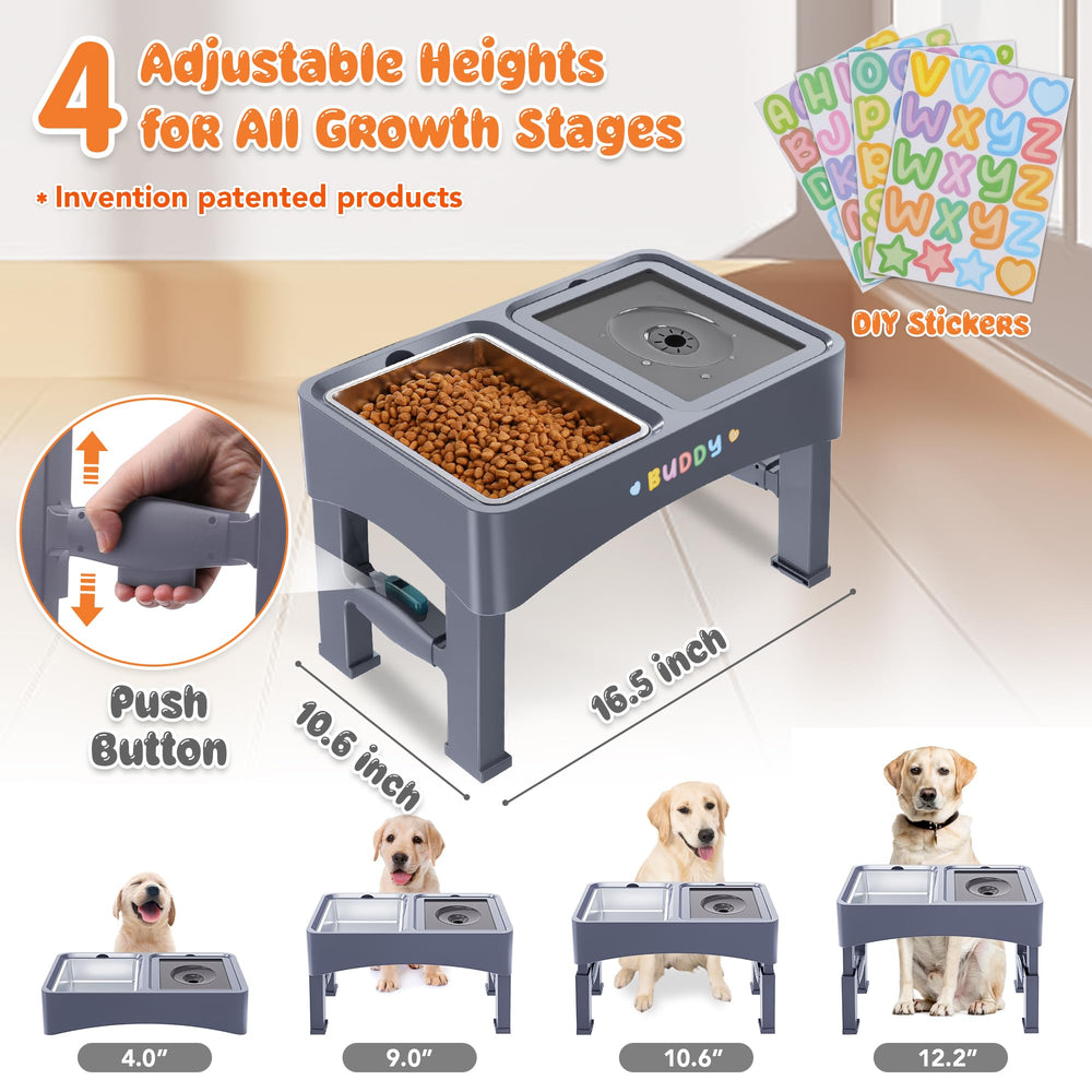 Decflow bowl stand adjustable heights show four options for growing dogs.