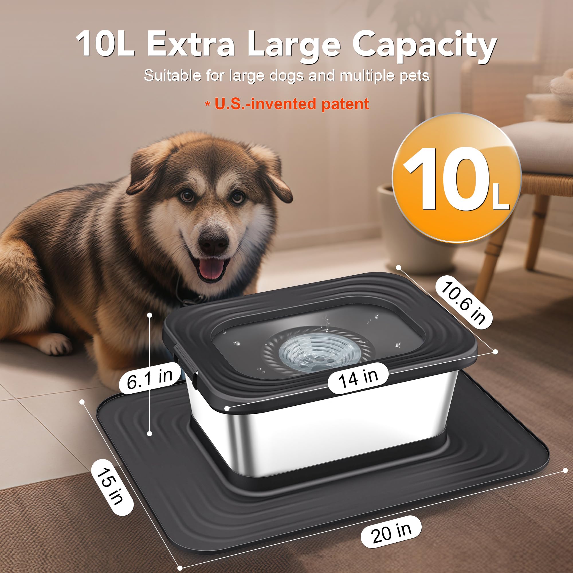 Decflow no-spill anti-splash dog bowl minimizes mess during energetic drinking.