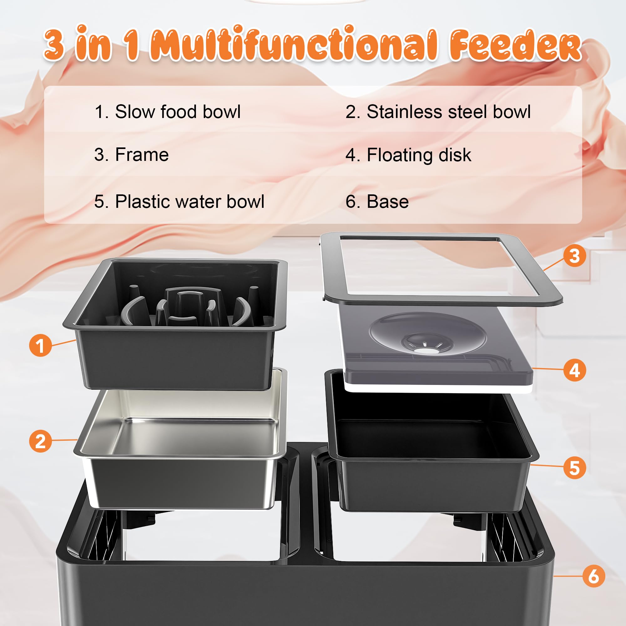 Decflow no-spill water bowl prevents splashes with floating plate design.