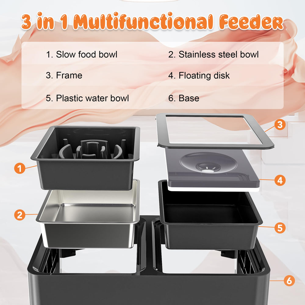 Decflow no-spill water bowl prevents splashes with floating plate design.