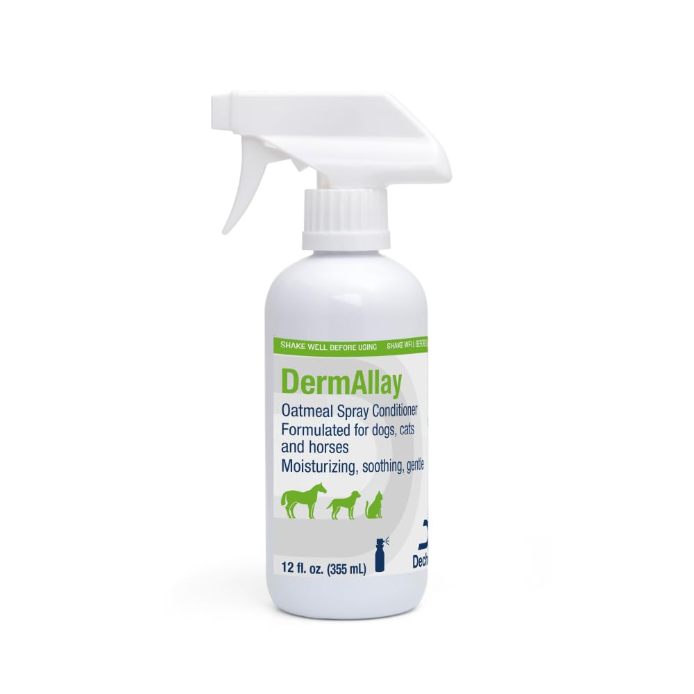Dechra DermAllay oatmeal conditioner bottle shows soothing formula for dry skin support.