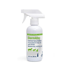 Dechra DermAllay oatmeal conditioner bottle shows soothing formula for dry skin support.