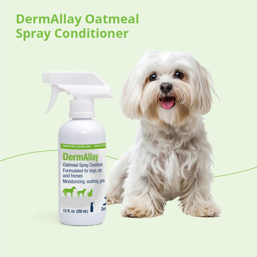 Dechra DermAllay label close-up shows gentle formula for coats.