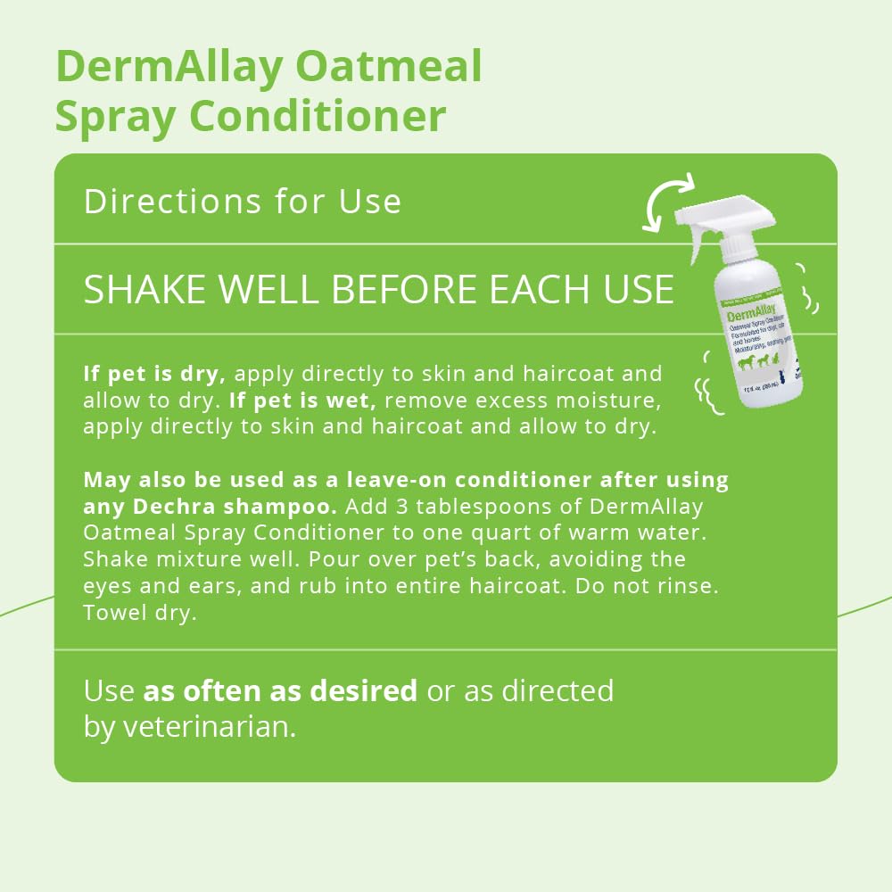 Dechra DermAllay oatmeal conditioner pour shot highlights easy application for bath time.