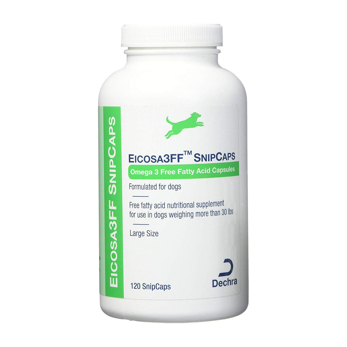 Dechra Eicosa3FF SnipCaps bottle shows omega-3 capsules for skin and coat support.