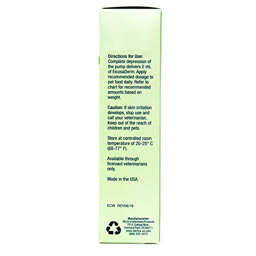Dechra EicosaDerm label shows EPA, DHA, and vitamin E content