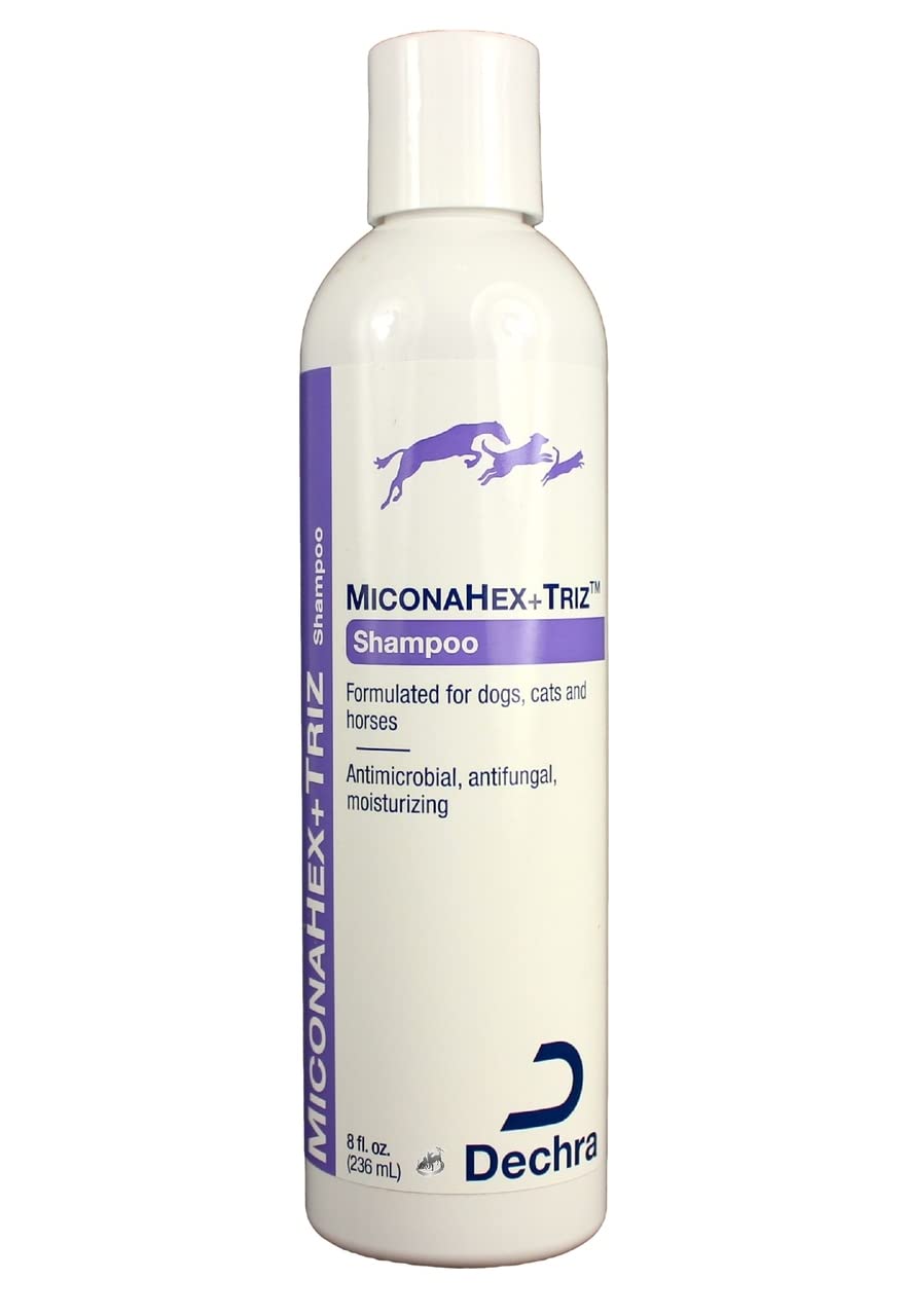 Dechra MiconaHex + Triz shampoo bottle showing medicated formula for pet skin support