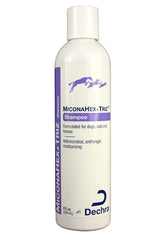 Dechra MiconaHex + Triz shampoo bottle showing medicated formula for pet skin support