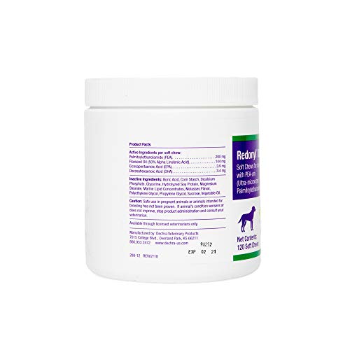 Dechra Redonyl Ultra Soft Chews bottle label shows hypoallergenic ingredients and PEA content.