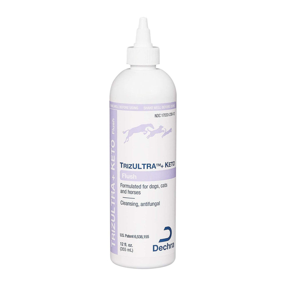 Dechra TrizULTRA Keto Flush bottle pour demonstrates gentle ear cleansing for pets.