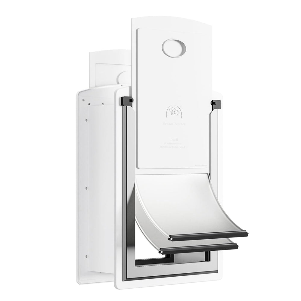 Decormax steel dog door white finish blends with any decor and space.