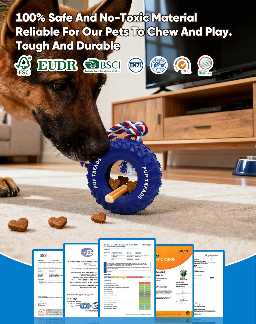 Deeow blue-colored toy on floor showcases durable natural rubber.