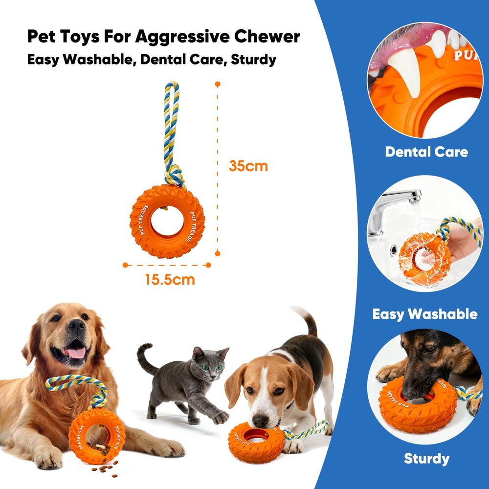 Deeow dog tire toy 6-inch orange designed for medium to large dogs under 65 lbs.