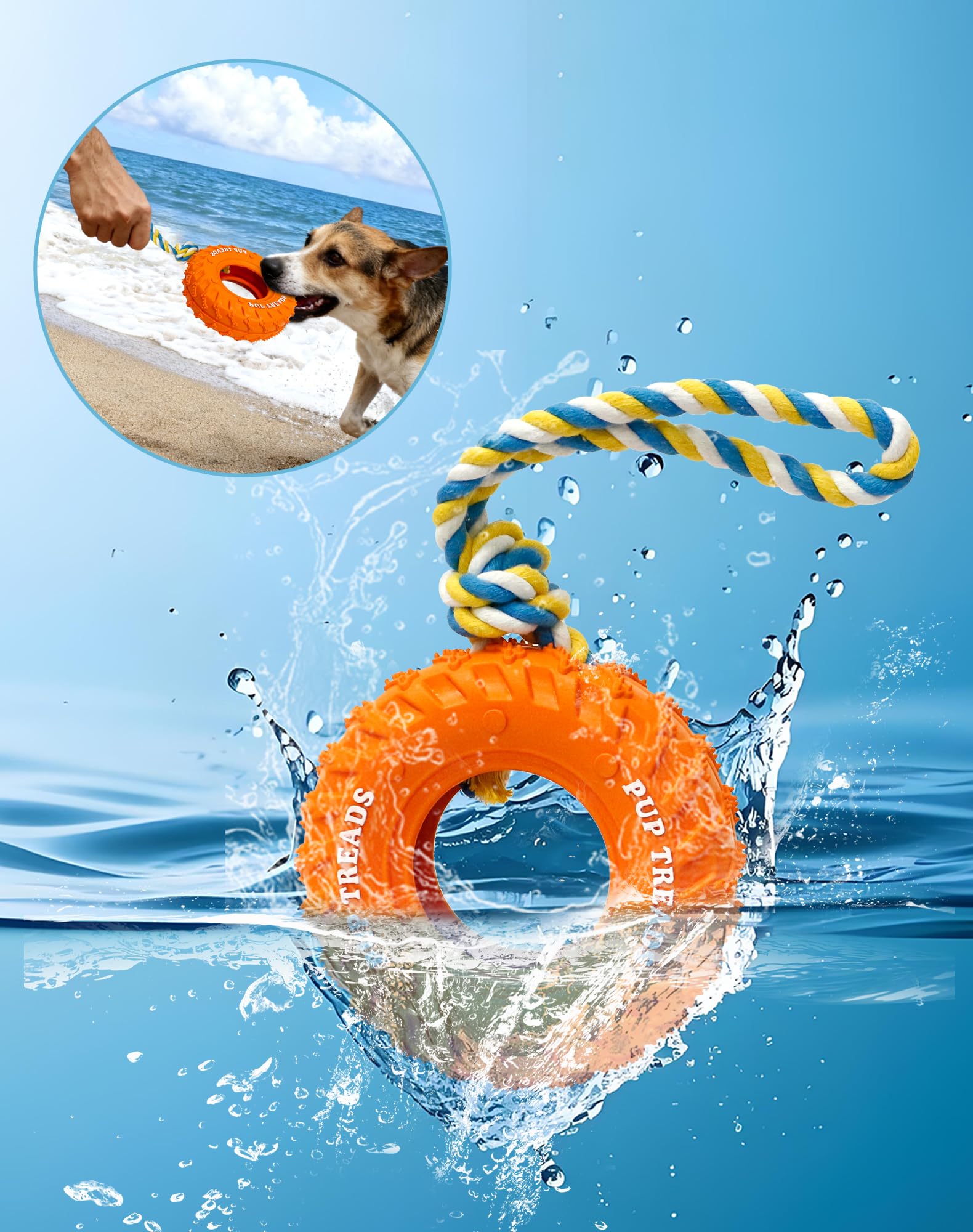 Deeow dog tire toy 6-inch orange textured surface may help clean teeth during chewing.