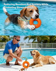 Deeow dog tire toy 6-inch orange hollow center enables treat dispensing puzzles.