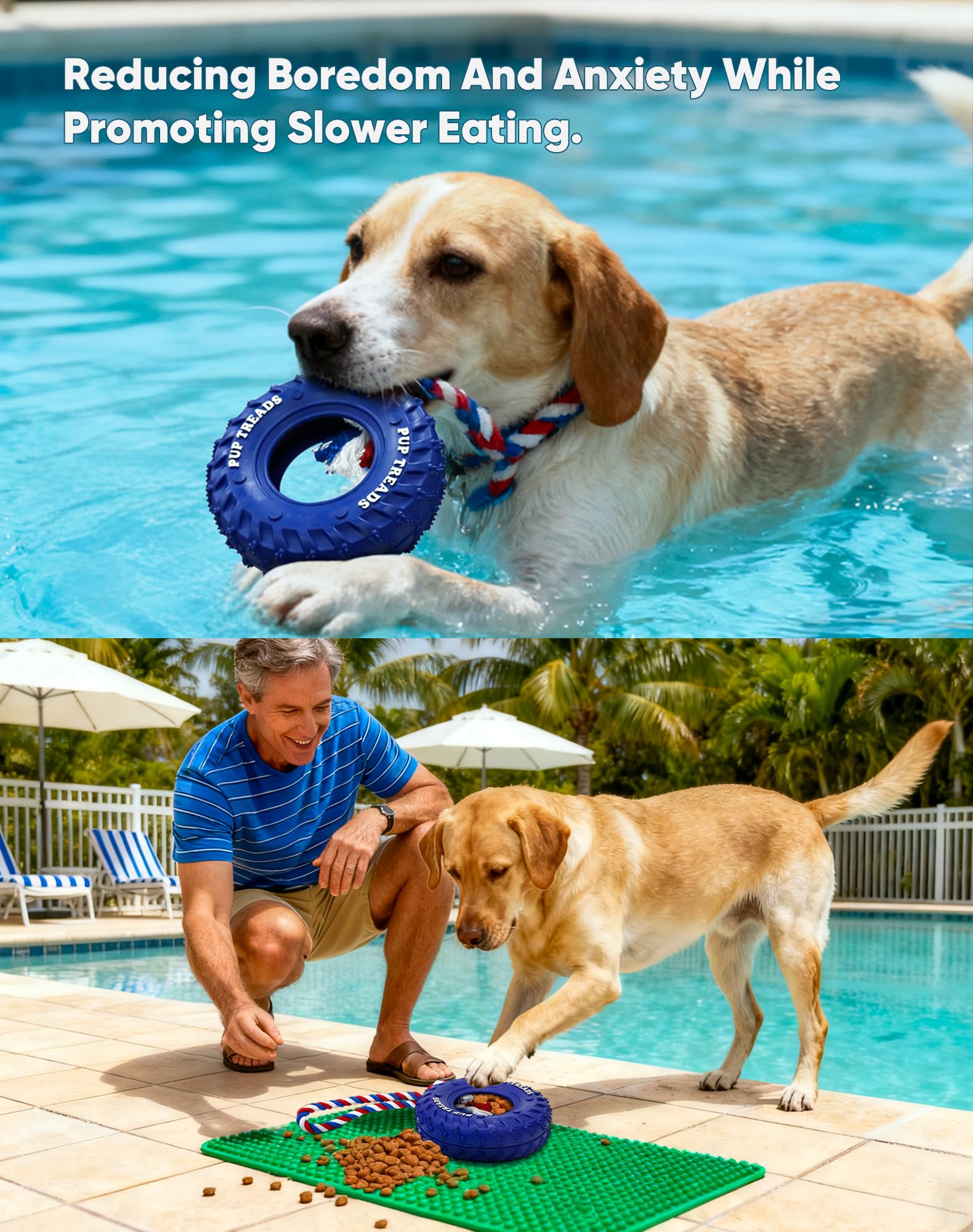 Deeow dog tire toy textured surface promotes teeth cleaning and gum massage.
