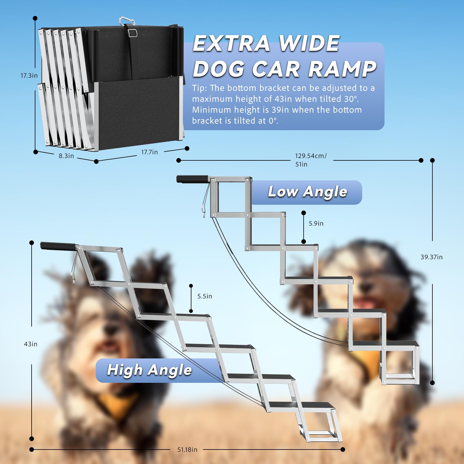 DeerGym dog stairs 43inch height suited for SUVs and trucks.