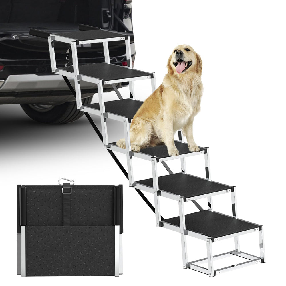 DeerGym six-step foldable dog stairs make car entry easy for large dogs.