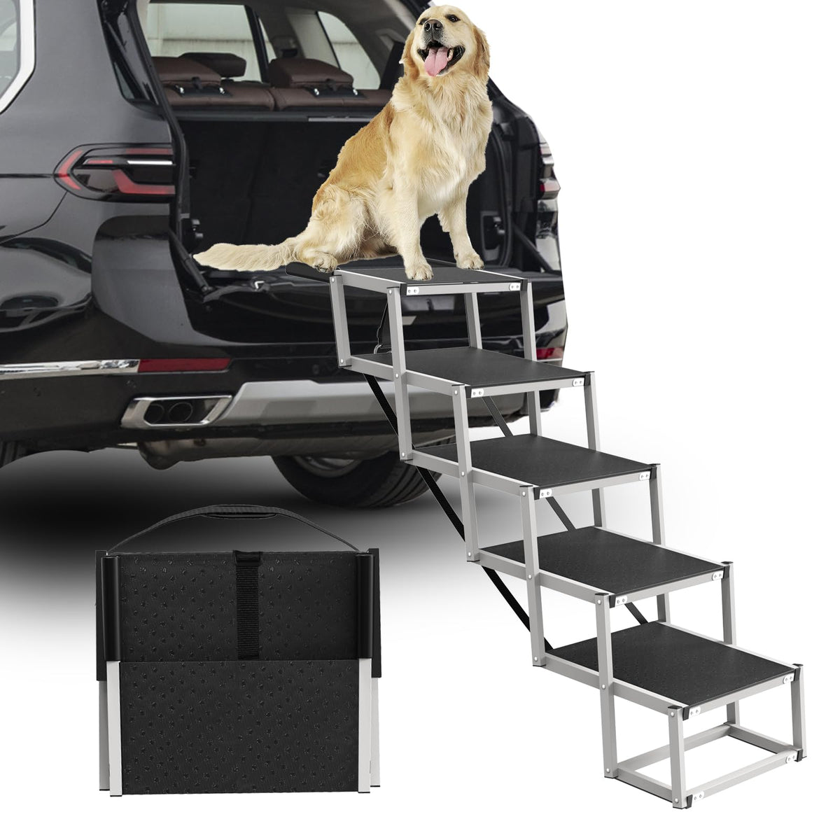 DeerGym dog stairs aluminum frame shows rust-resistant durability for daily pet access.