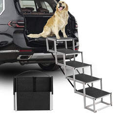 DeerGym dog stairs aluminum frame shows rust-resistant durability for daily pet access.
