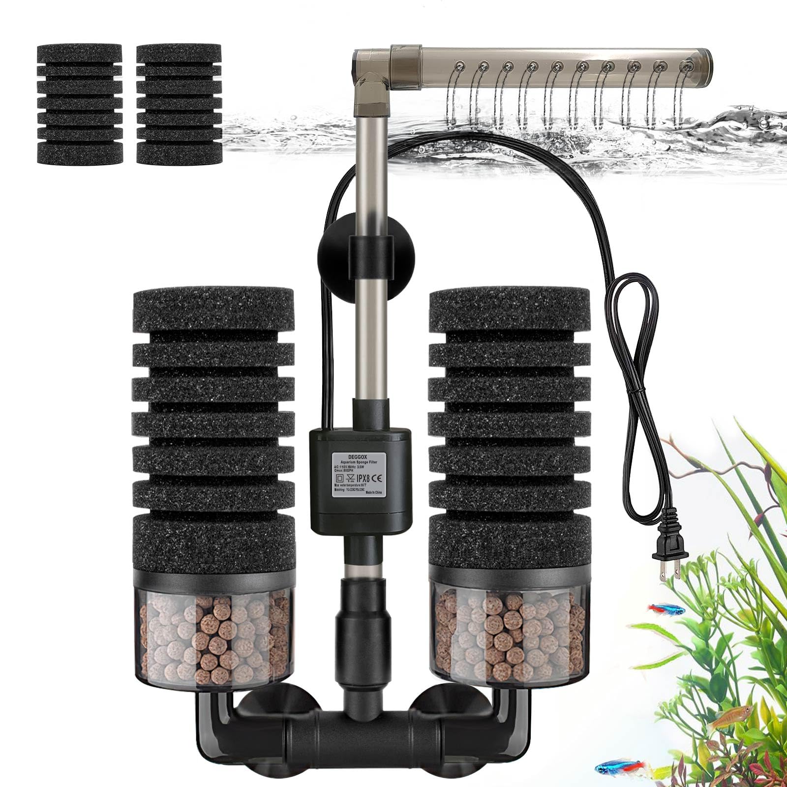 DEGGOX aquarium sponge filter with venturi rain mode delivers gentle flow for fry and shrimp