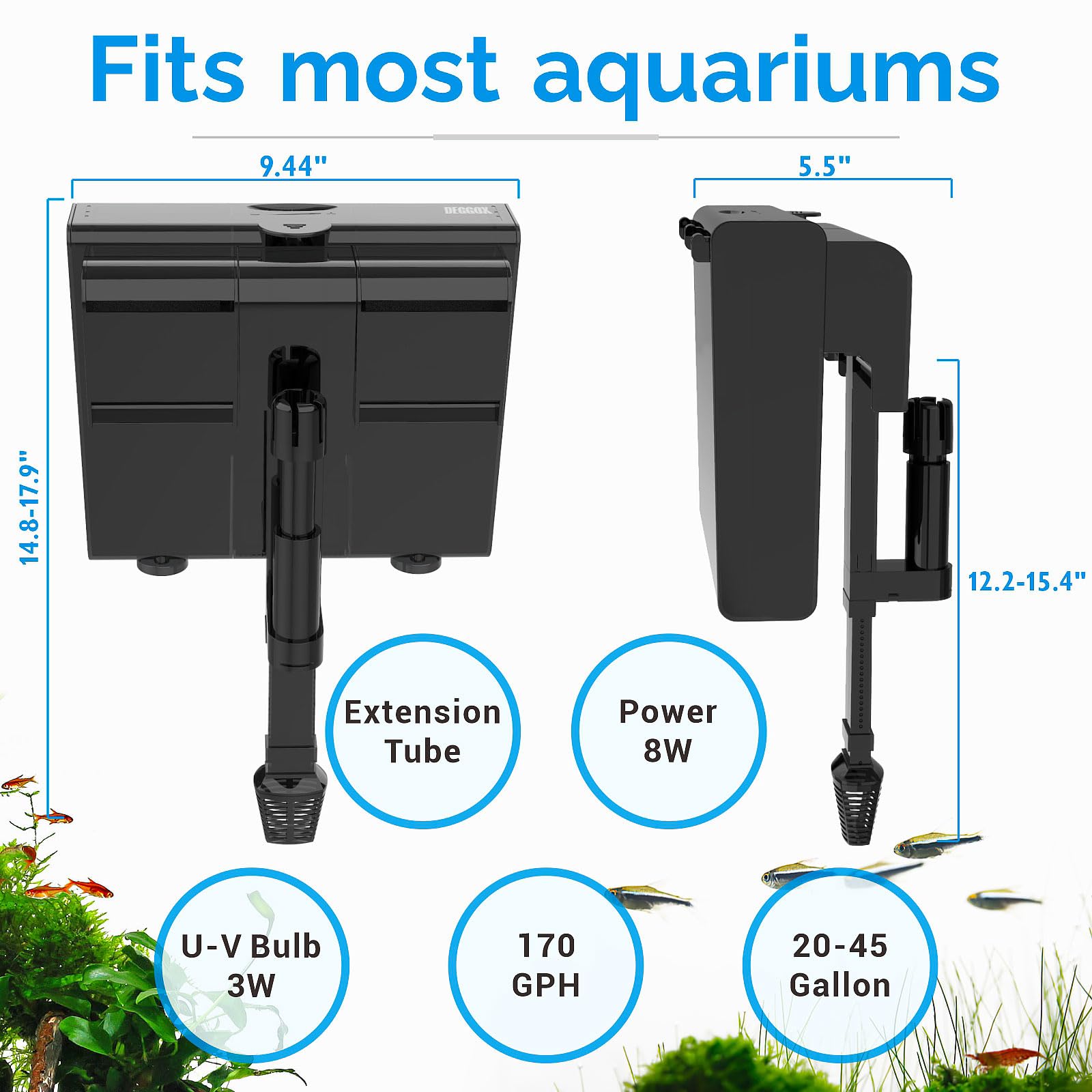 Deggox HOB filter top view demonstrates compact design for 20-50 gallon tanks.