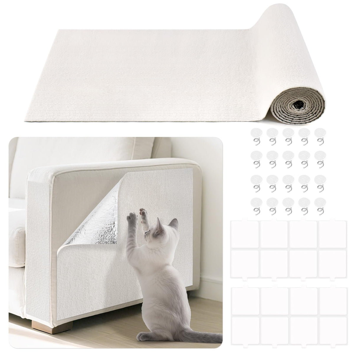 Deisunpet couch scratch protector laid flat on off-white fabric offers durable protection for daily cat use.