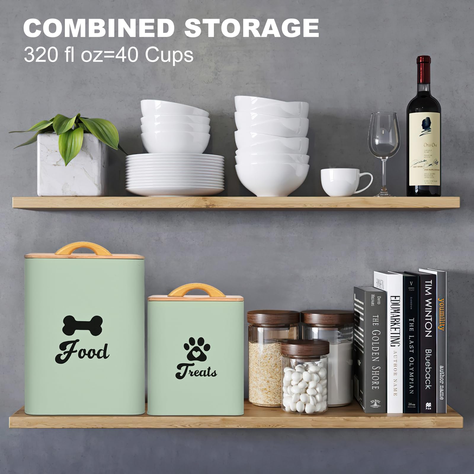 Dekosilave space-saving countertop storage on kitchen shelf with pets in mind