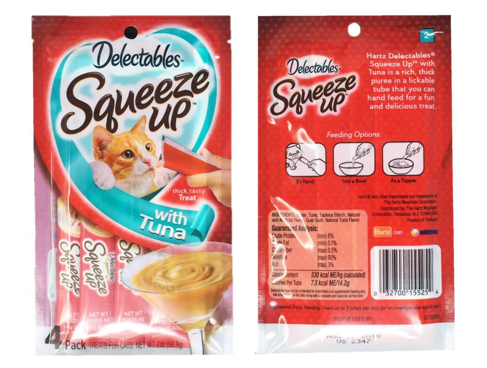 Delectables Squeeze Up tuna pouch closeup highlighting creamy texture and paw-some reward potential.