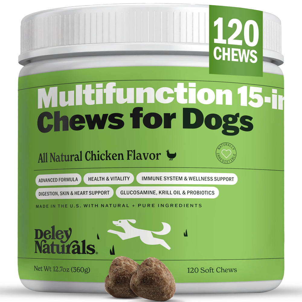 Deley Naturals 15-in-1 dog multivitamin chews close-up for daily vitality support