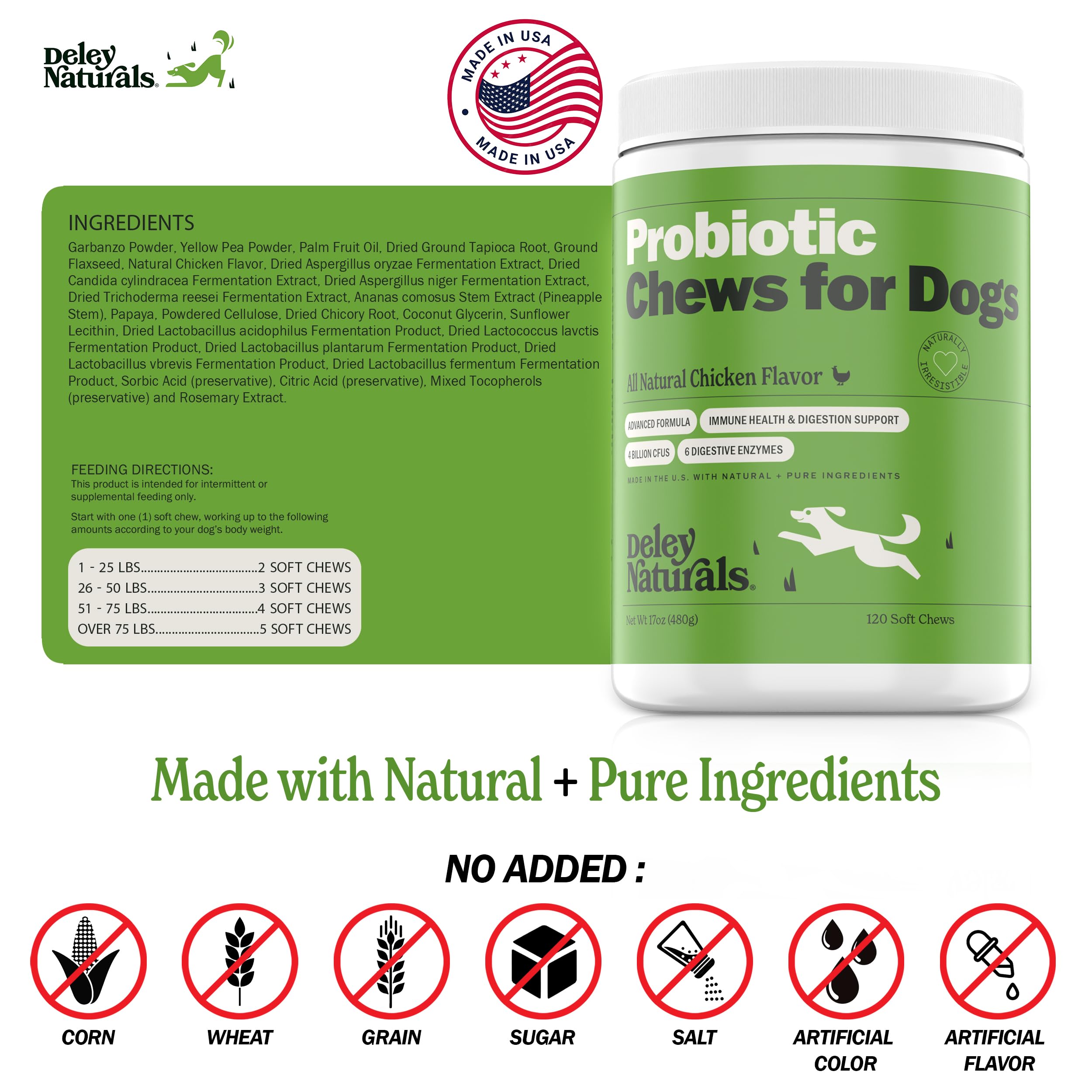 Deley Naturals all-breeds dog probiotic chews use, suitable for all life stages.