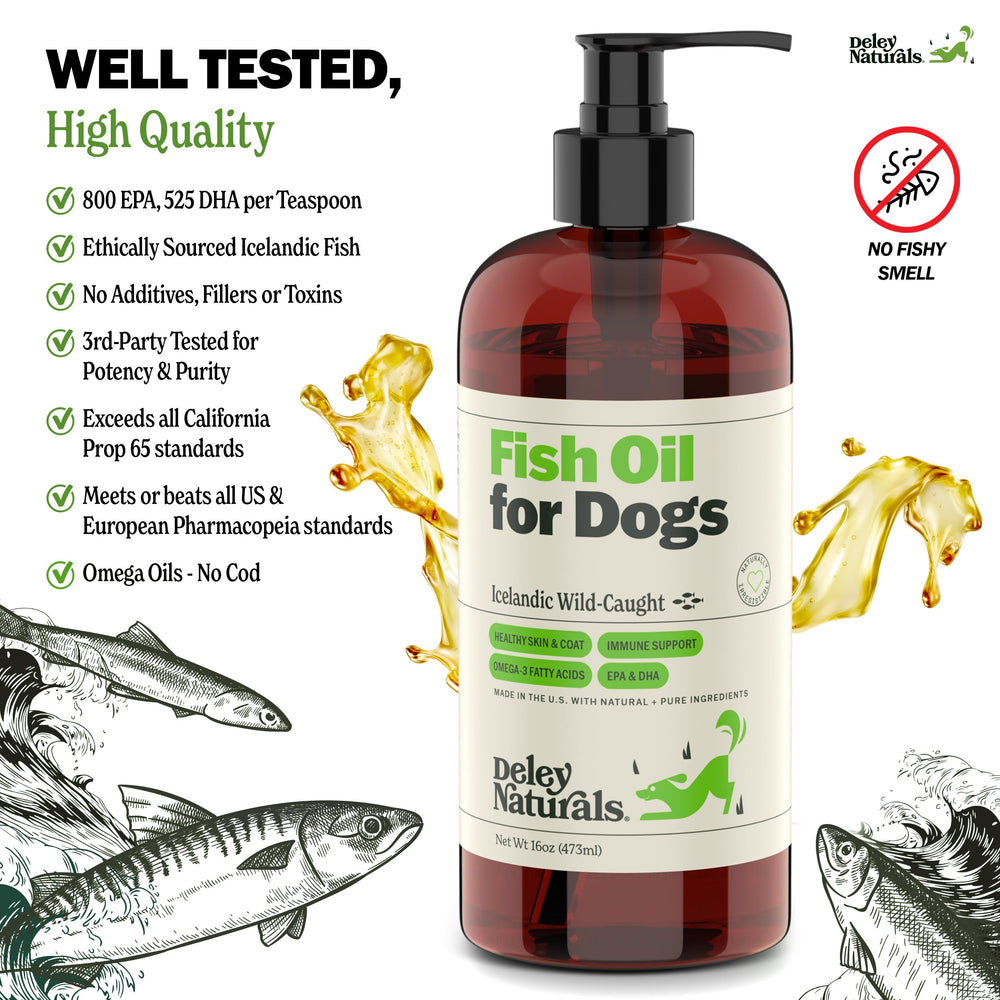Deley Naturals omega oil promotes healthier coat and daily activity for dogs.
