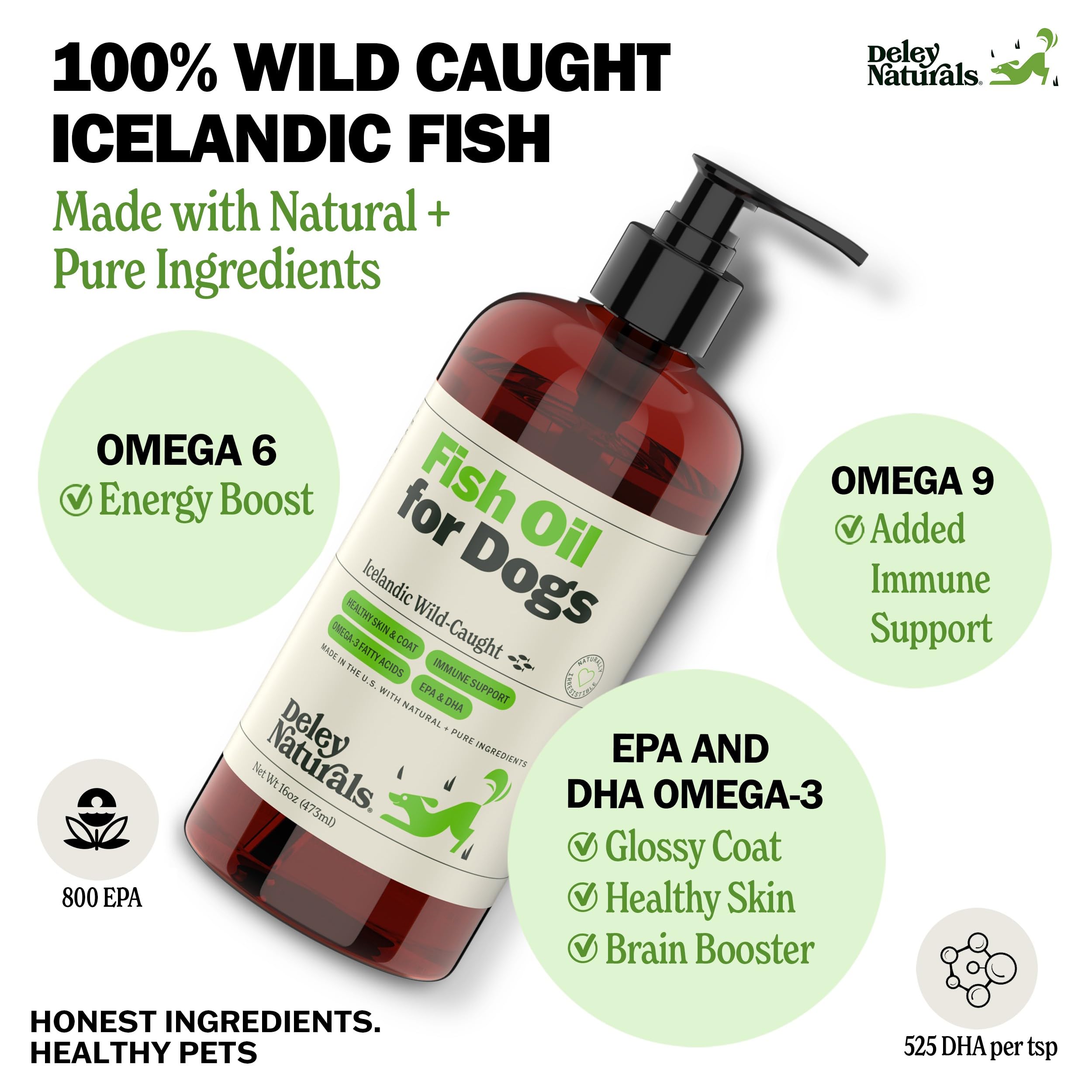 Deley Naturals dog fish oil cap close-up highlights DHA and EPA for skin support.