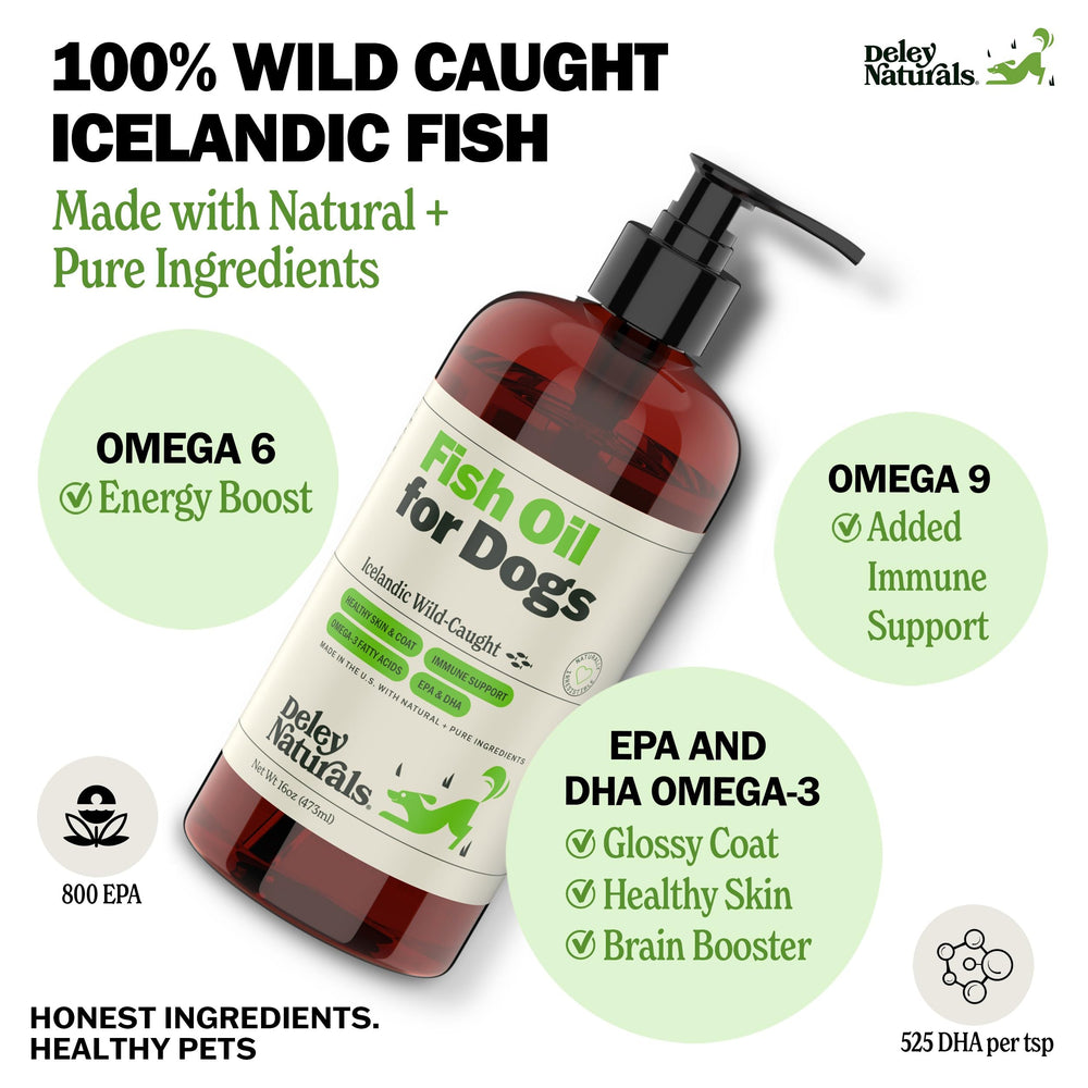 Deley Naturals dog fish oil cap close-up highlights DHA and EPA for skin support.